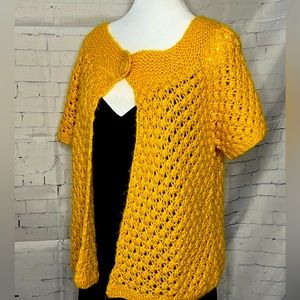 Sunshine, yellow crocheted, short sleeve, sweater, snap closure